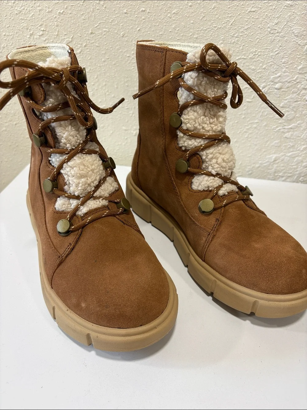 Sorel Explorer III Joan Cozy Shearling-Lace Winter Boots in Brown